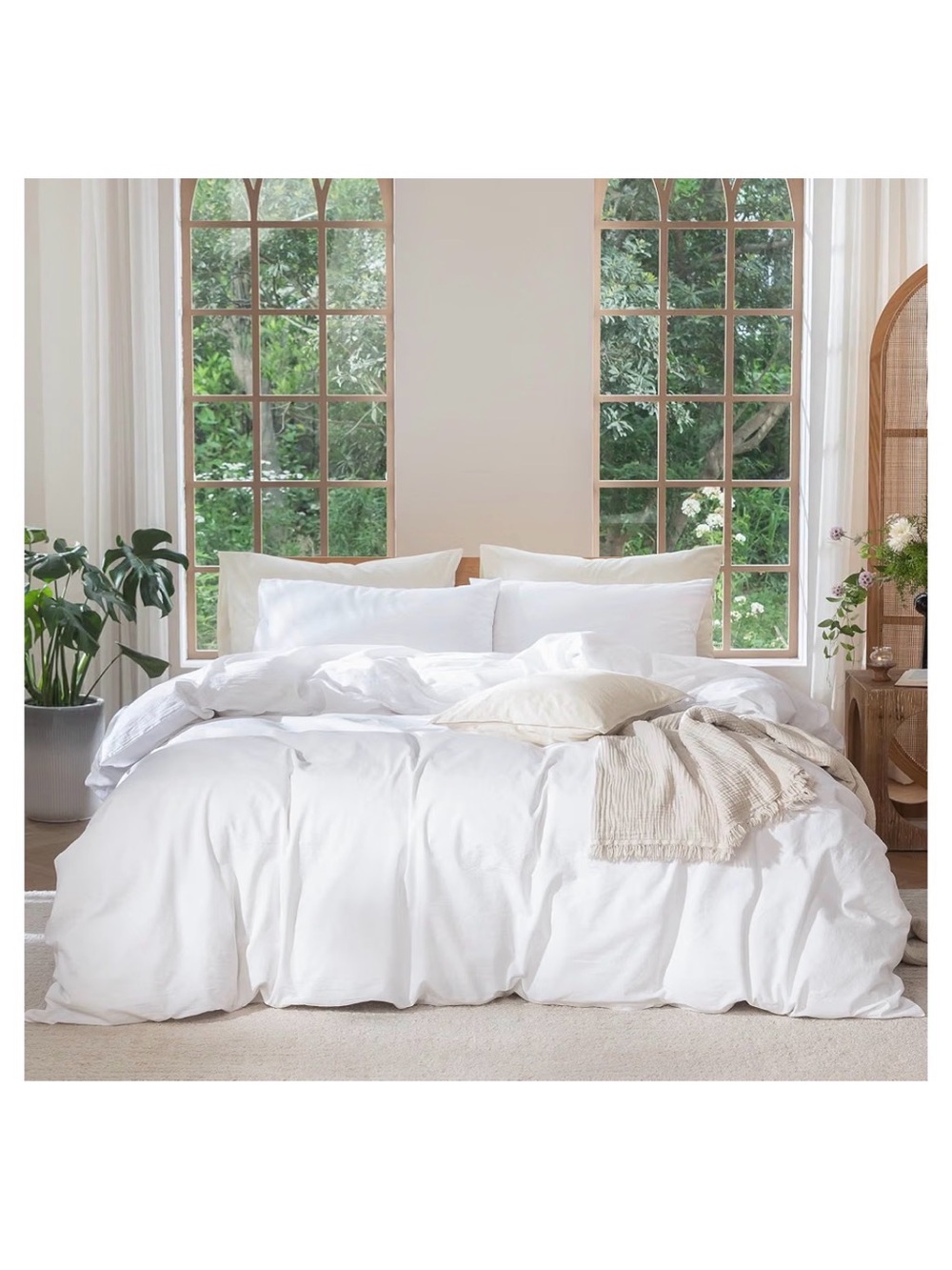 White Washed Cotton Queen Duvet Cover - Soft Breathable Linen-Like Comfort